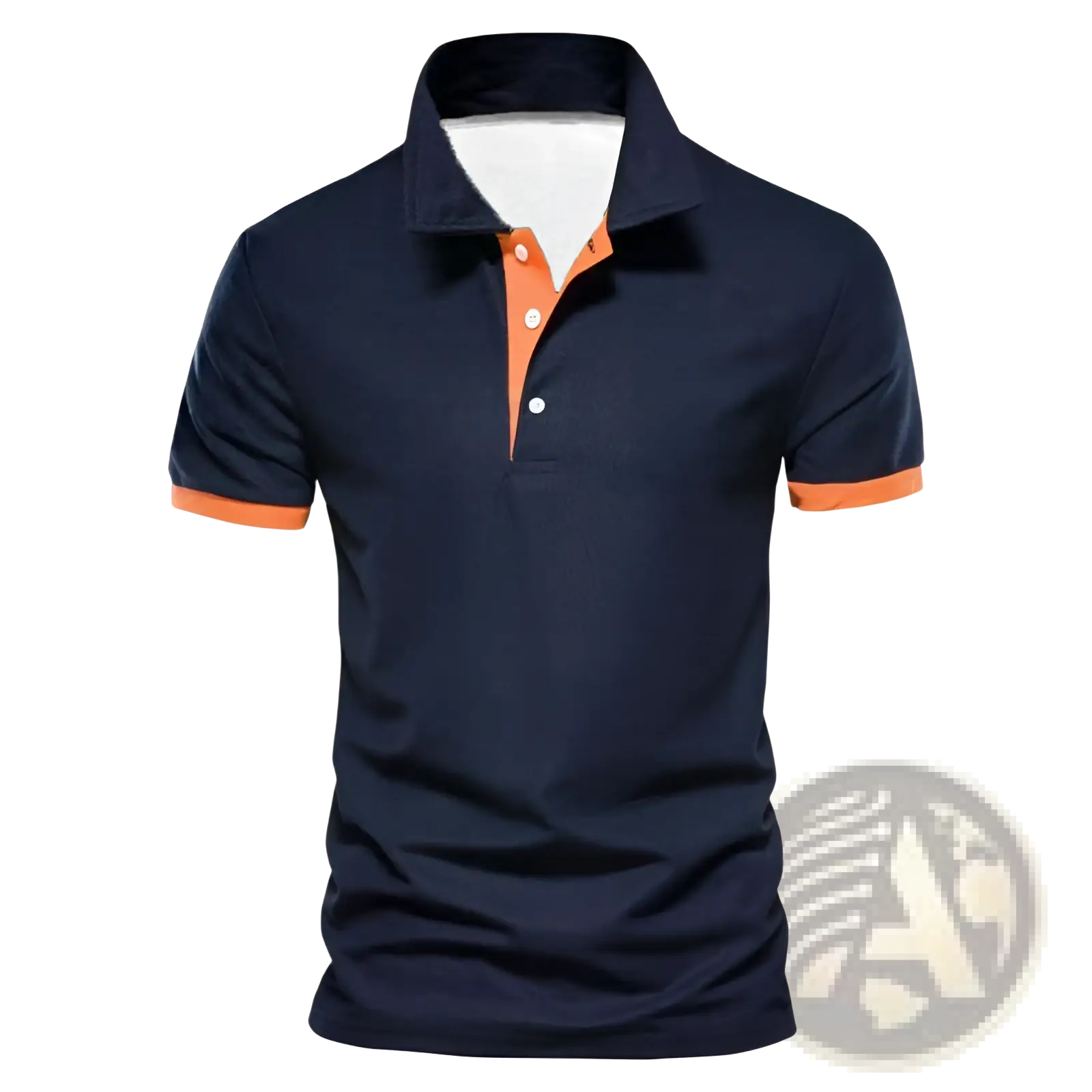 Navy blue color-block short sleeve men polo shirt with orange trim on collar placket and sleeve cuffs