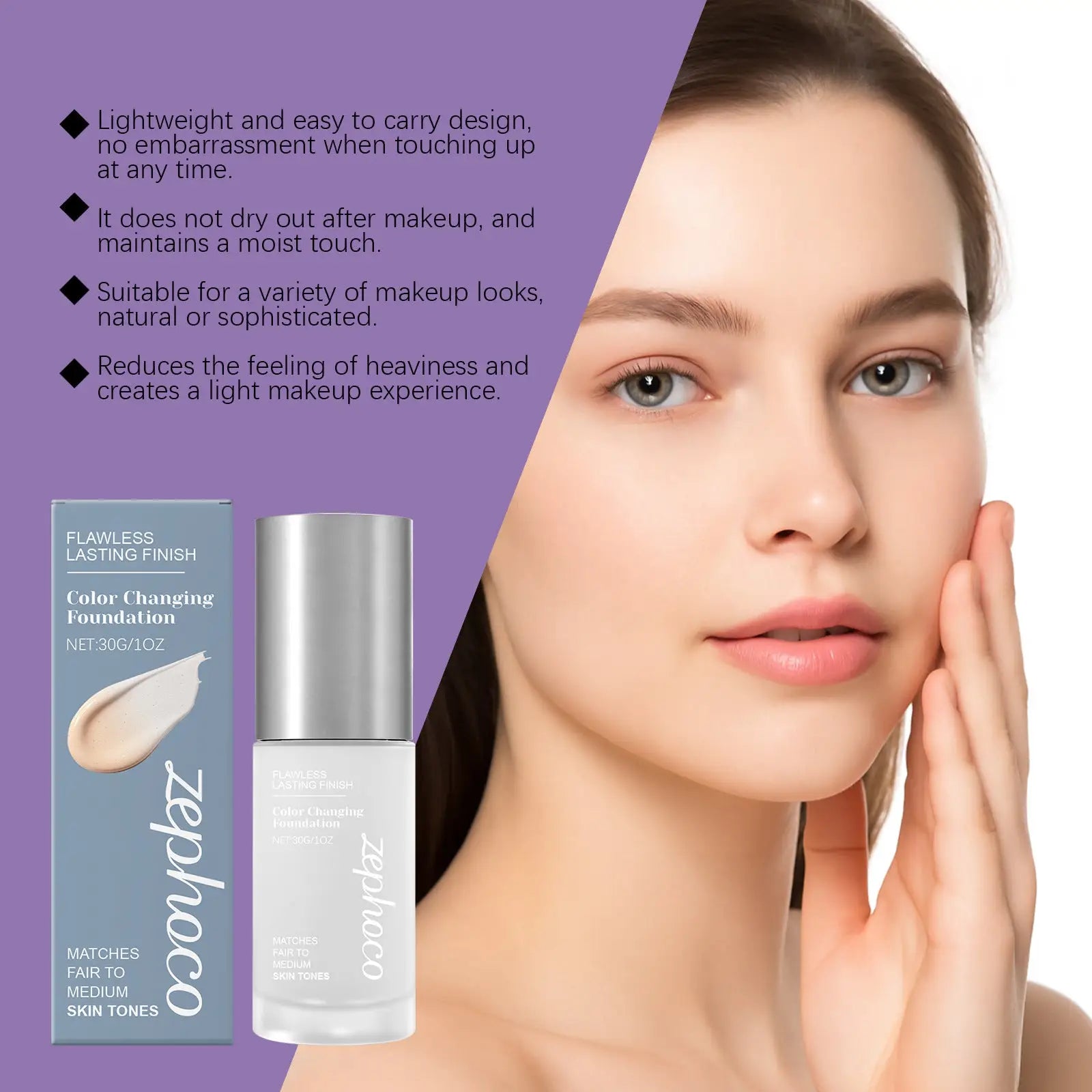 A sleek glass bottle with silver top containing light beige zephoco color changing foundation for fair to medium skin 51