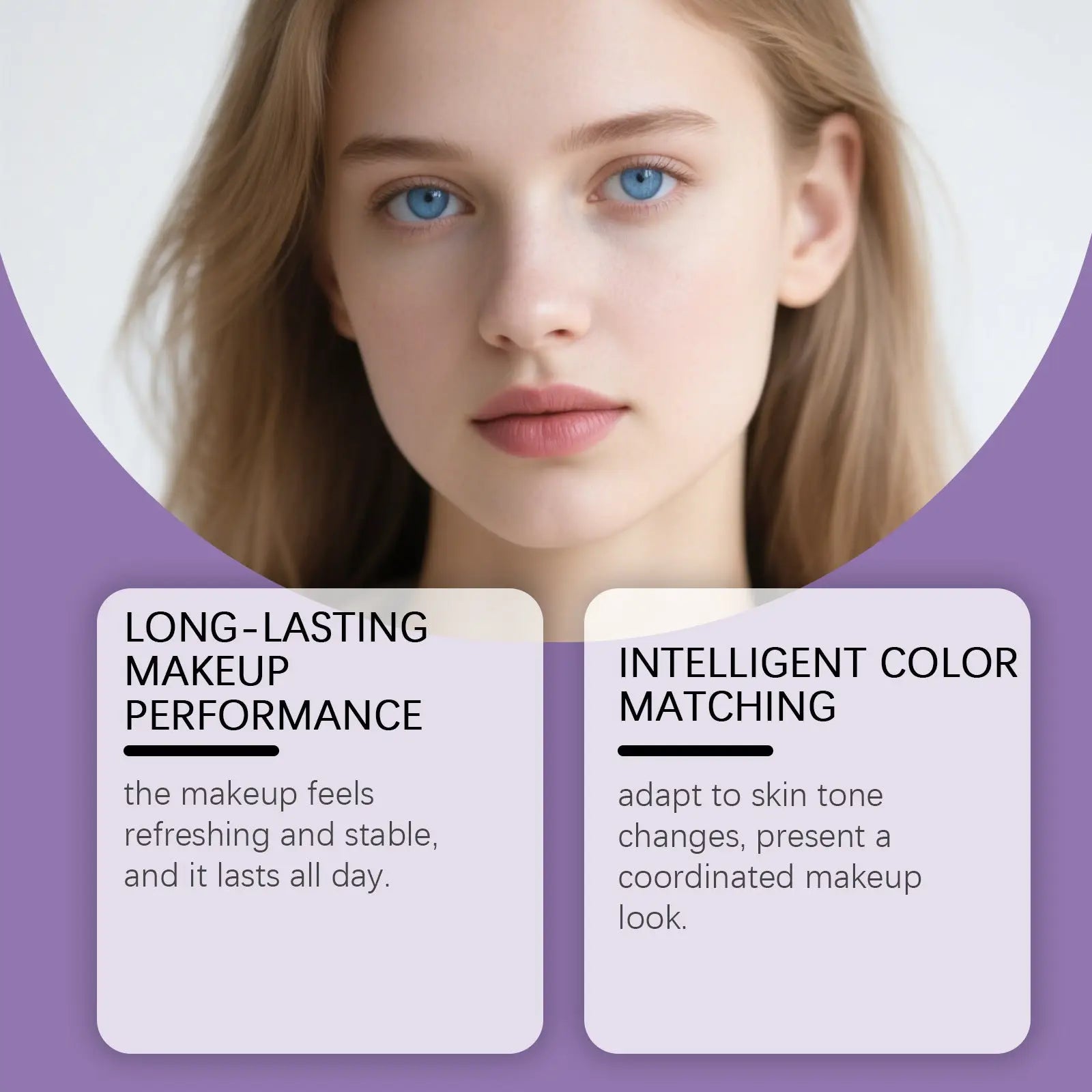 A woman with light blonde hair and blue eyes wearing color changing foundation for fair to medium skin 51 with subtle makeup