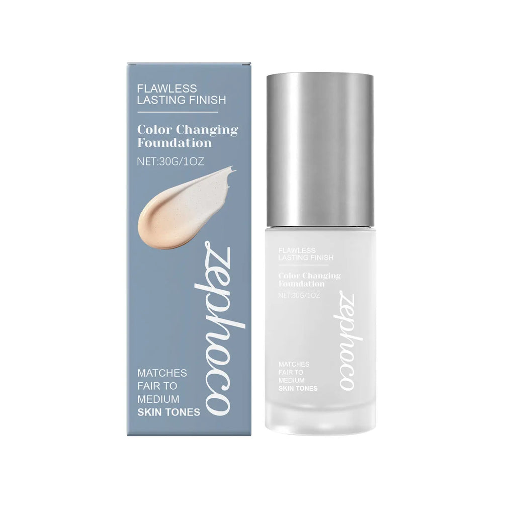 A sleek silver-topped glass bottle of zephooco color changing foundation for fair to medium skin with white labeling