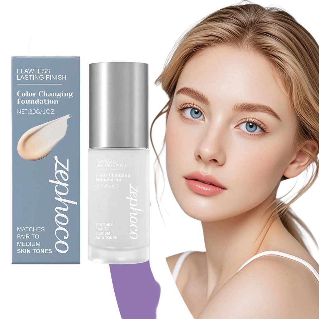 Zephaoco color changing foundation in a sleek silver-topped transparent bottle for fair to medium skin tones