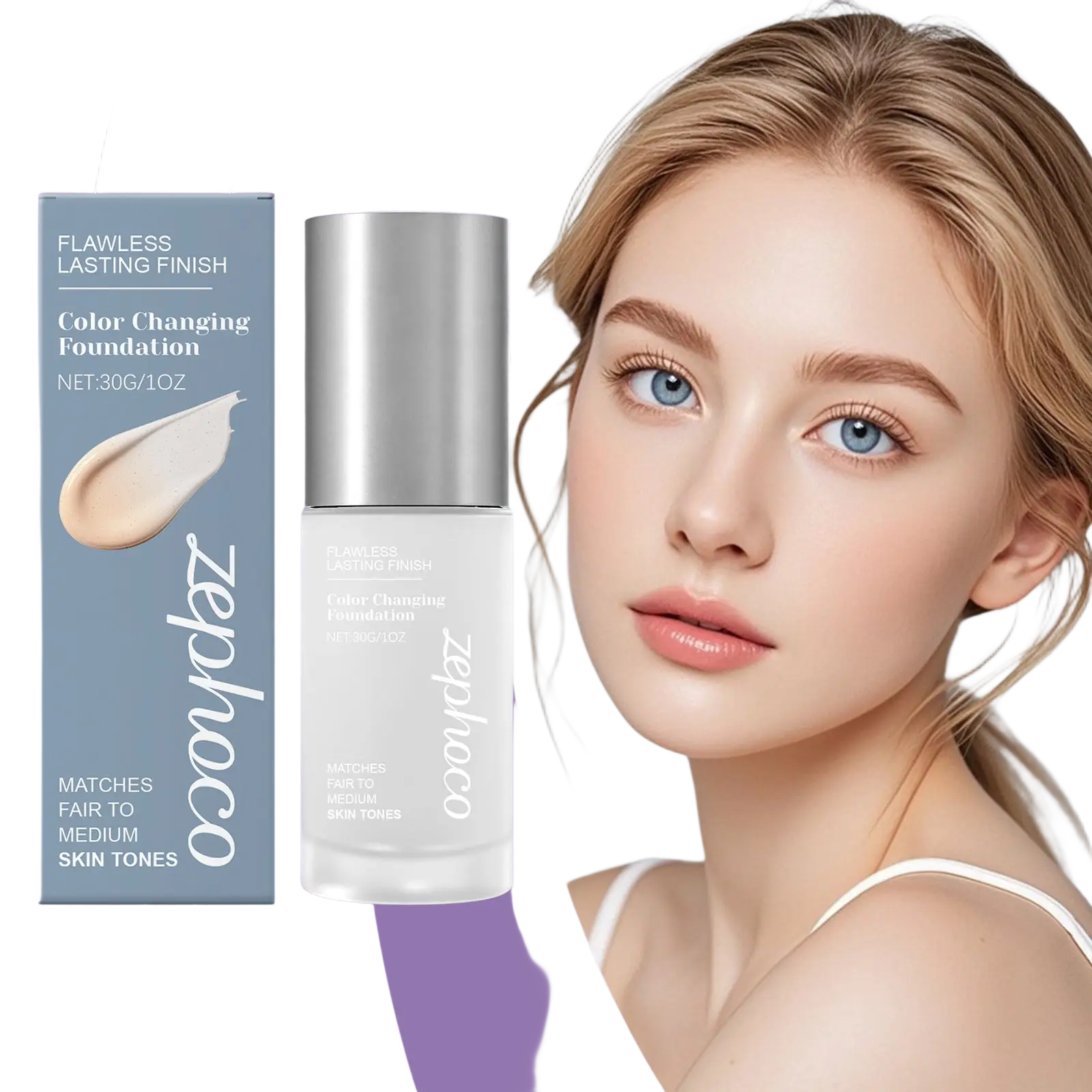 Zephaoco color changing foundation in a sleek silver-topped transparent bottle for fair to medium skin tones