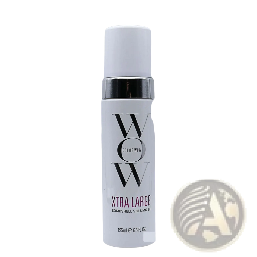 White cylindrical bottle with silver cap and metallic band labeled color wow xtra large bombshell volumizer hair mousse