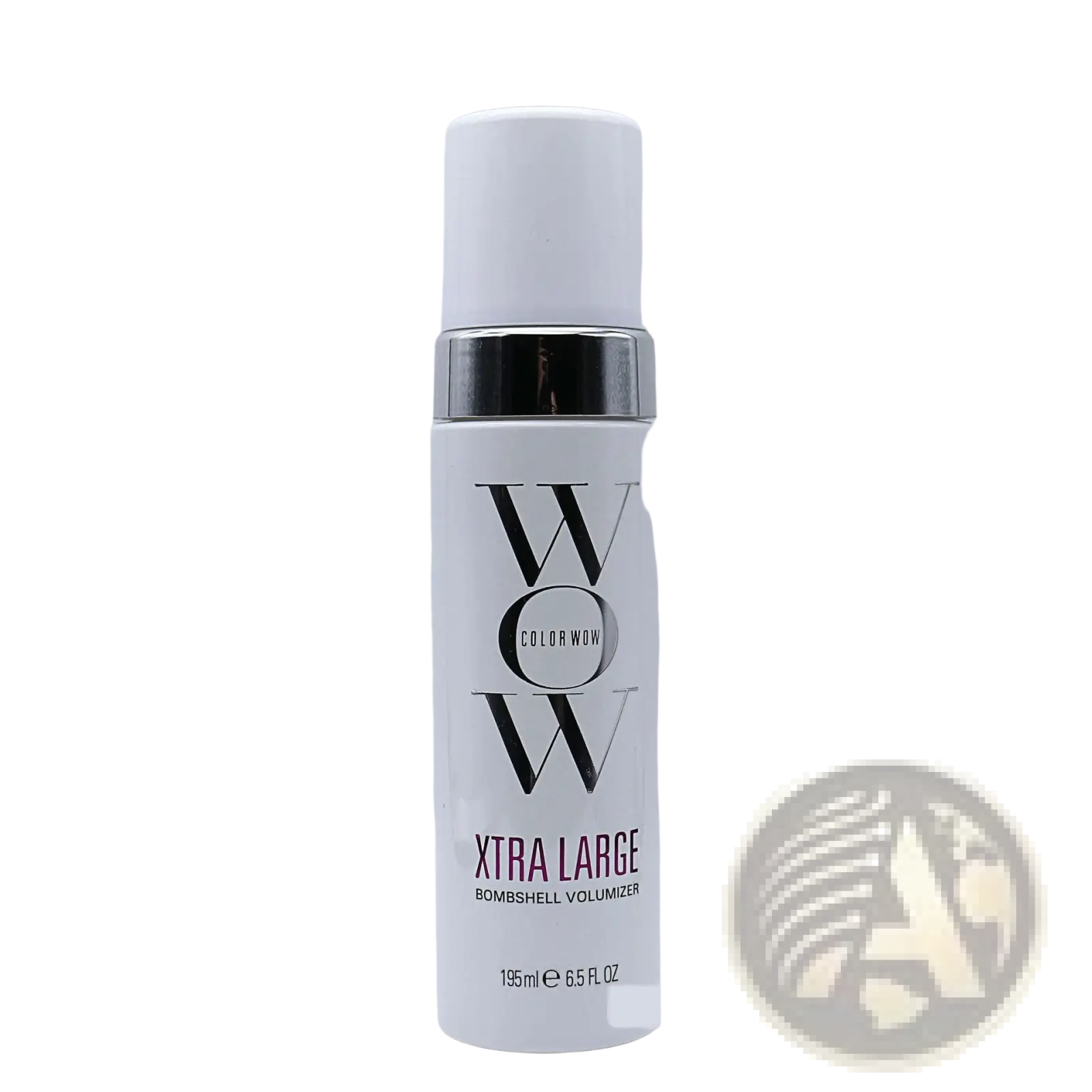 White cylindrical bottle with silver cap and metallic band labeled color wow xtra large bombshell volumizer hair mousse
