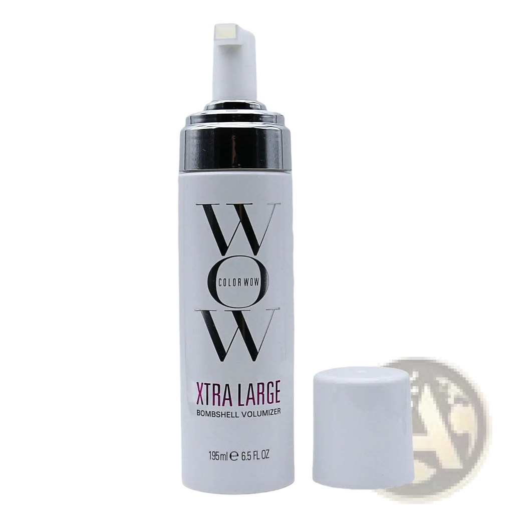 White cylindrical bottle of Color Wow xtra large bombshell volumizer hair mousse with silver pump and cap