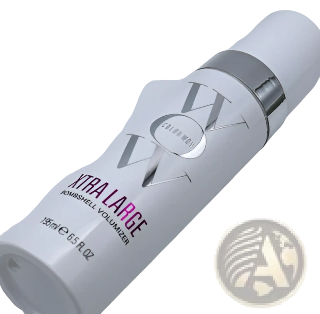 White cylindrical Color Wow Xtra Large Bombshell Volumizer hair mousse spray bottle with silver band and ow logo