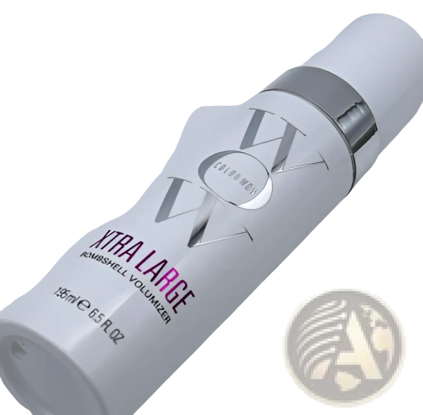 White cylindrical Color Wow Xtra Large Bombshell Volumizer hair mousse spray bottle with silver band and ow logo