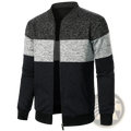 Black and gray marled knit colorblock bomber jacket for men with horizontal striped panels and ribbed collar cuffs and hem