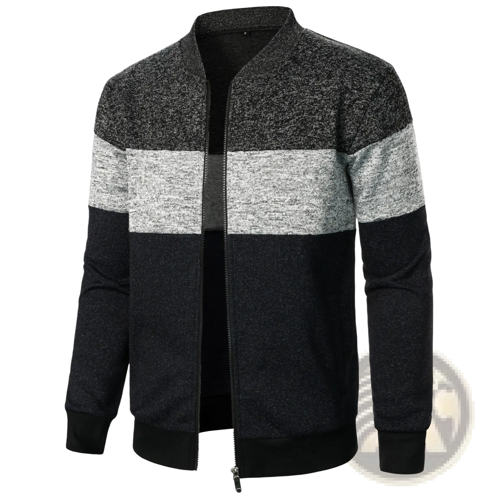 Black and gray marled knit colorblock bomber jacket for men with horizontal striped panels and ribbed collar cuffs and hem