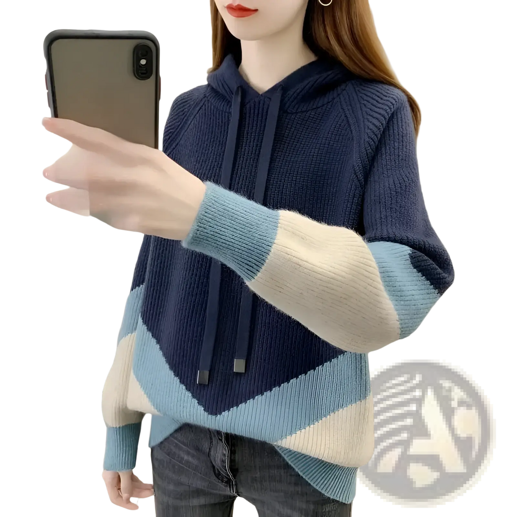 Colorblock knit hoodie for women in navy blue light blue and cream with ribbed texture and contrasting sleeves