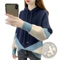 Colorblock knit hoodie for women in navy blue light blue and cream with ribbed texture and contrasting sleeves