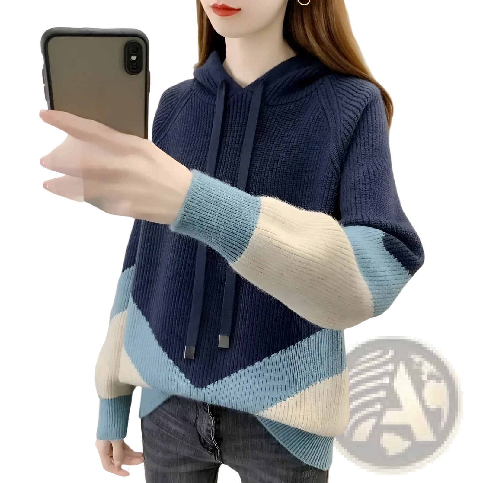 Colorblock knit hoodie for women in navy blue light blue and cream with ribbed texture and contrasting sleeves