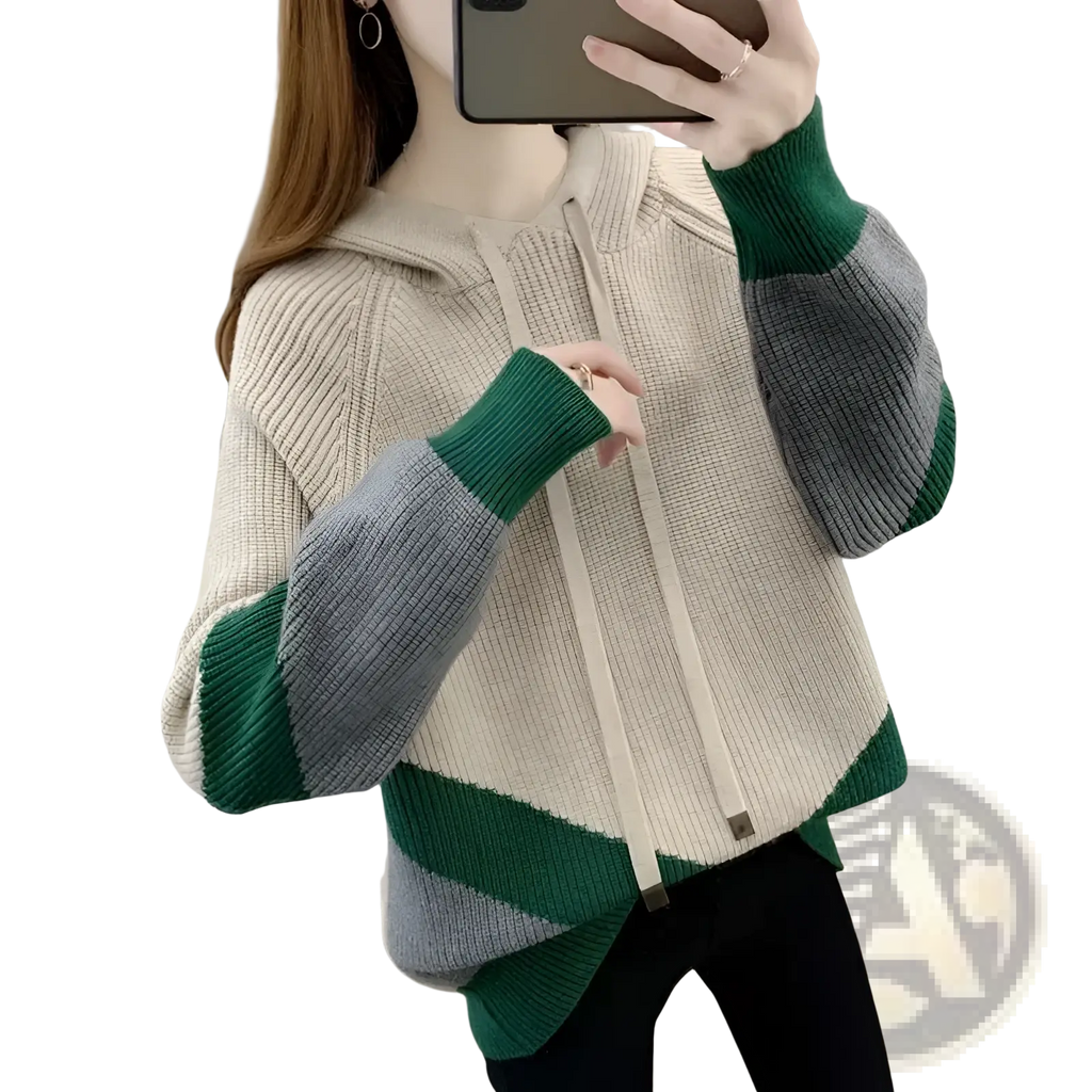 Colorblock knit hoodie women featuring cozy ribbed texture in cream green and gray color blocks