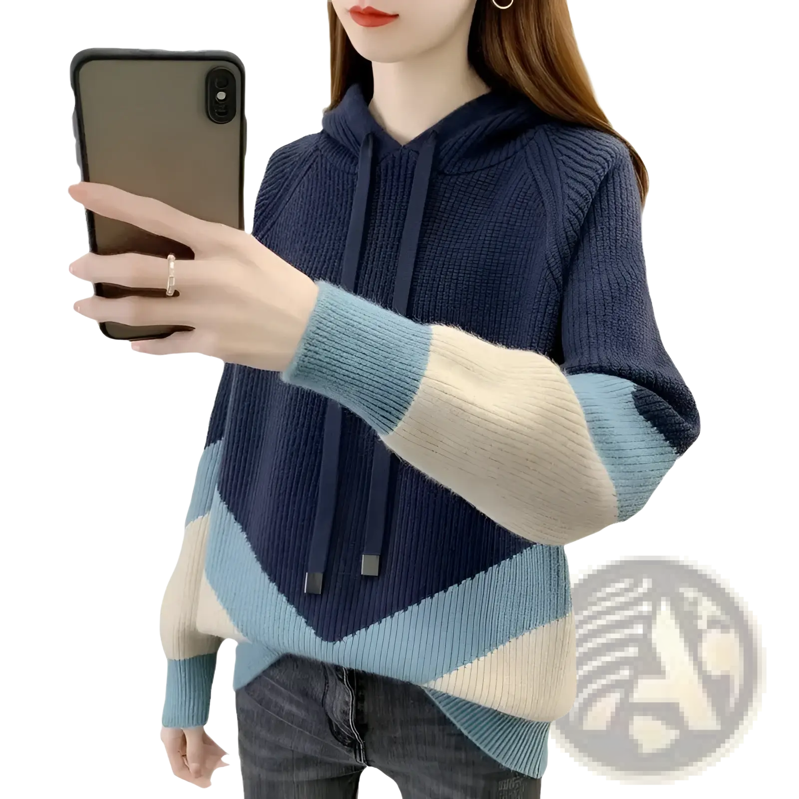 A cozy navy blue and light blue colorblock knit hoodie for women with ribbed cuffs and an asymmetrical hem