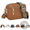 Brown colorblock leather crossbody bag with gold-tone zippers and a decorative floral-patterned strap