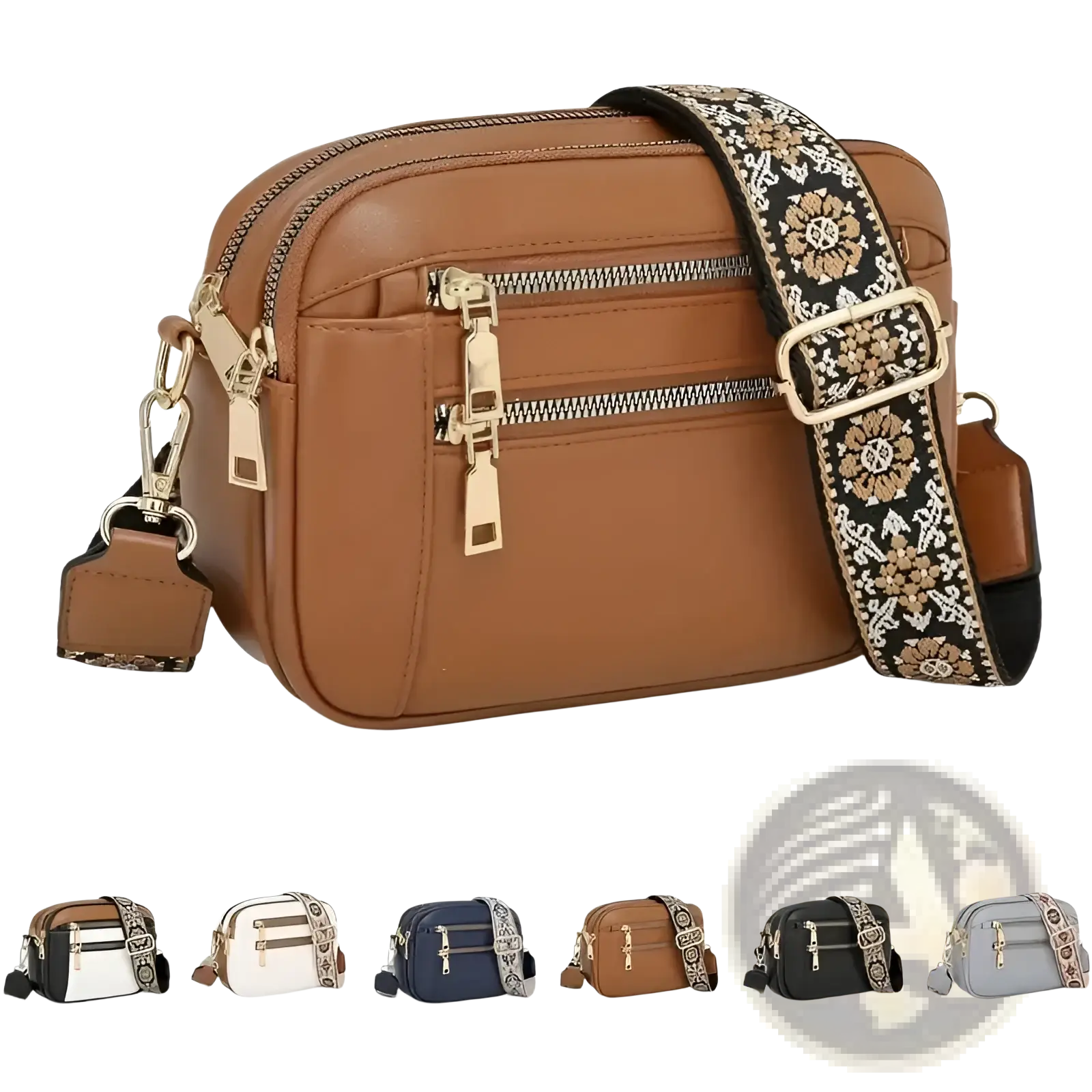 Brown colorblock leather crossbody bag with gold-tone zippers and a decorative floral-patterned strap