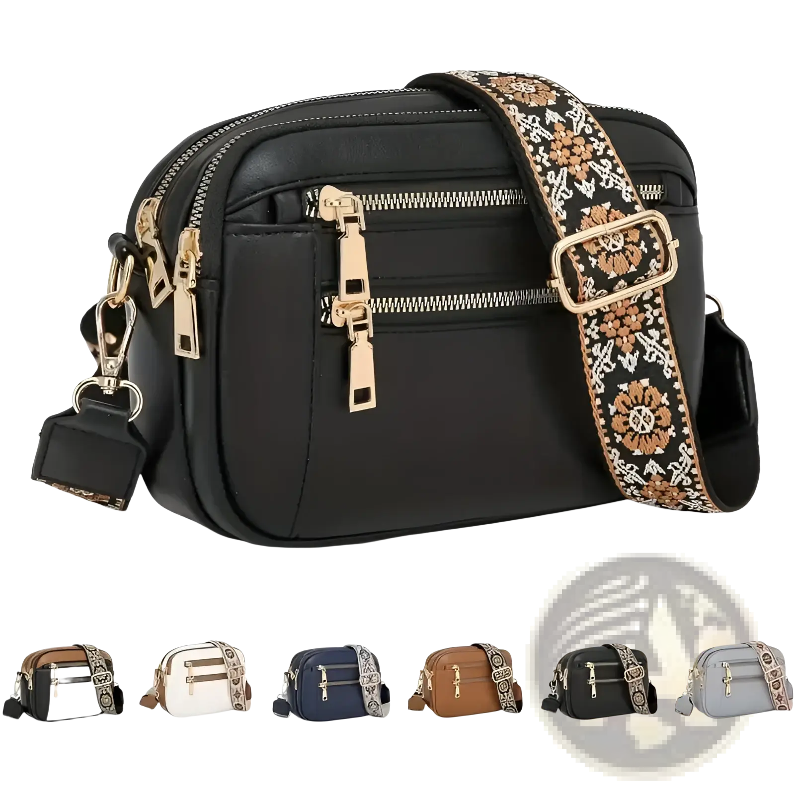 Black faux leather colorblock crossbody bag with gold-tone zippers and a decorative floral-patterned strap