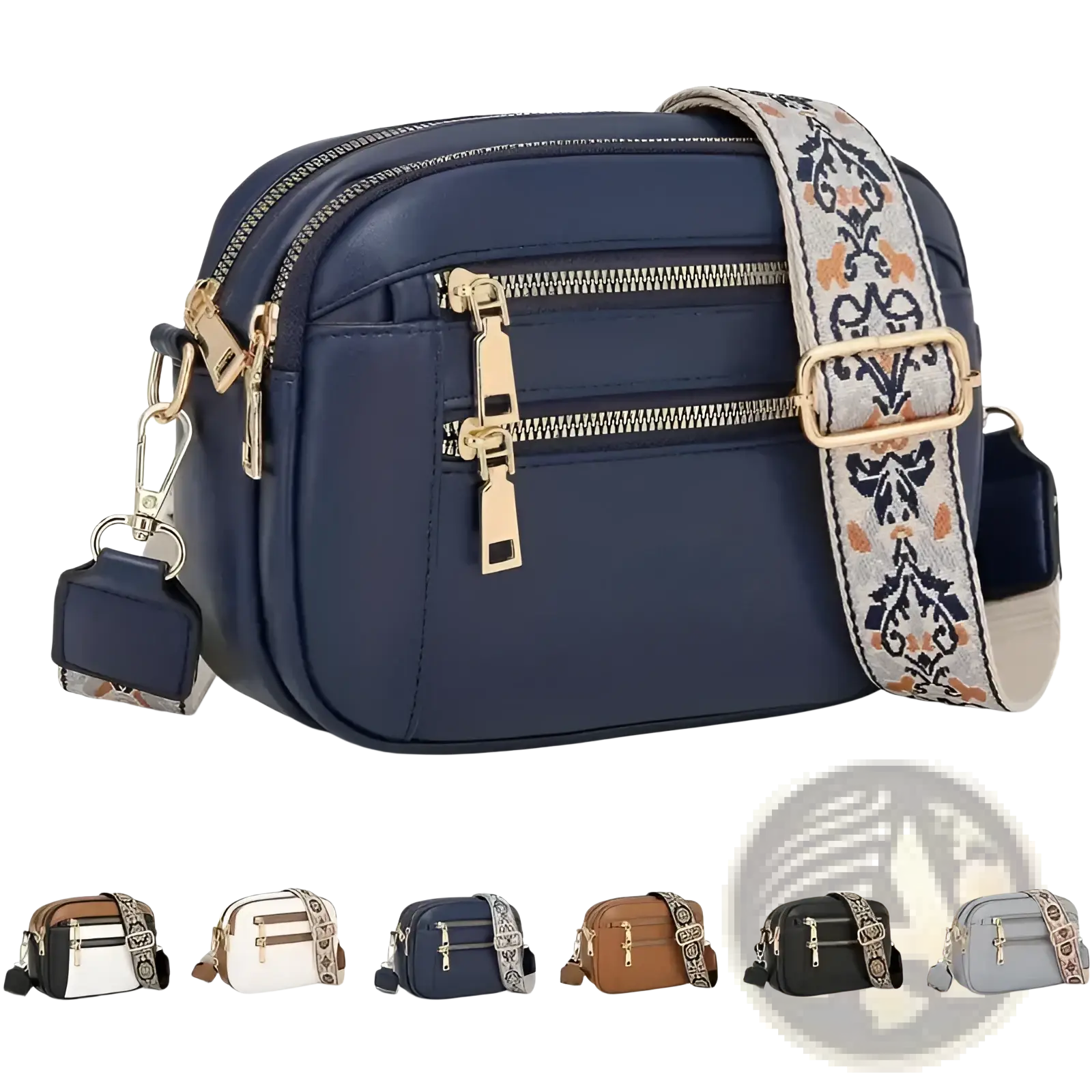 Navy blue colorblock leather crossbody camera bag with gold-tone zippers and a floral patterned strap