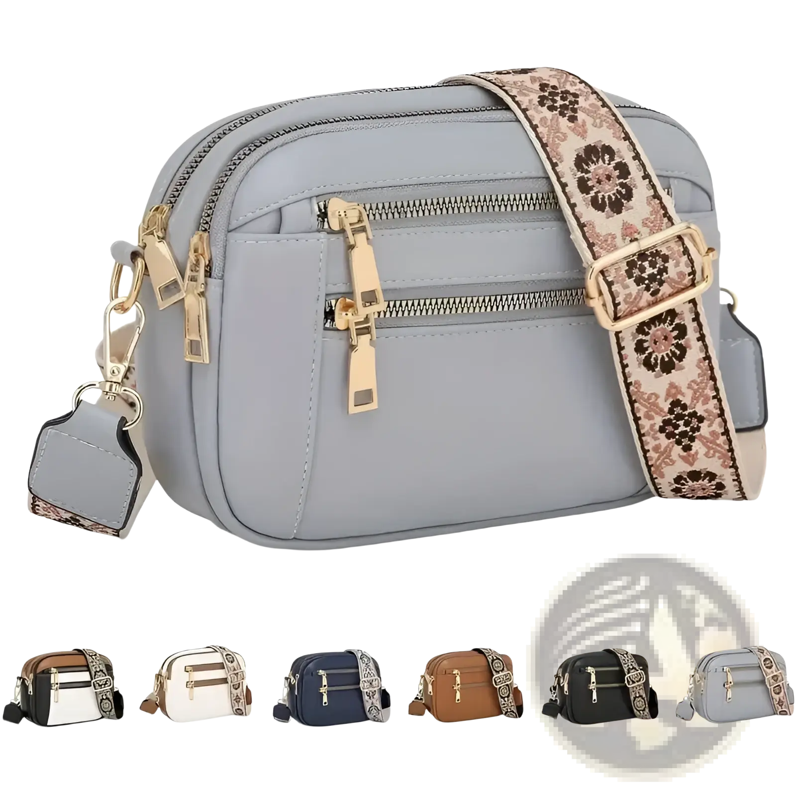 Light gray leather colorblock crossbody bag with gold-tone zippers and a floral-patterned shoulder strap