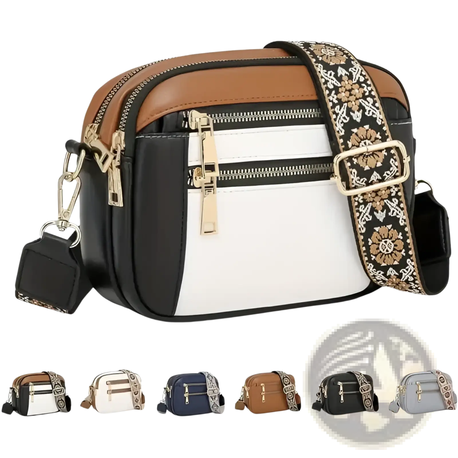 Colorblock leather crossbody camera bag in black white and brown with a decorative floral-patterned strap