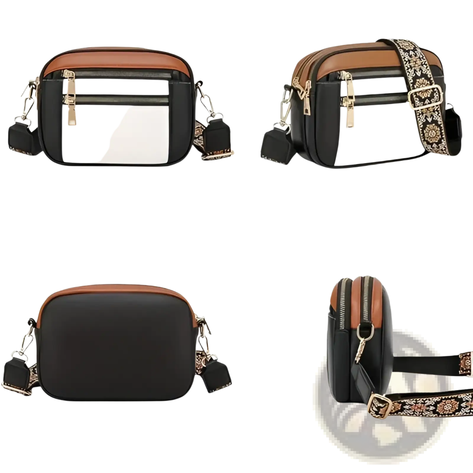 Colorblock leather crossbody bag in black and white with brown leather accents gold zippers and a floral patterned strap