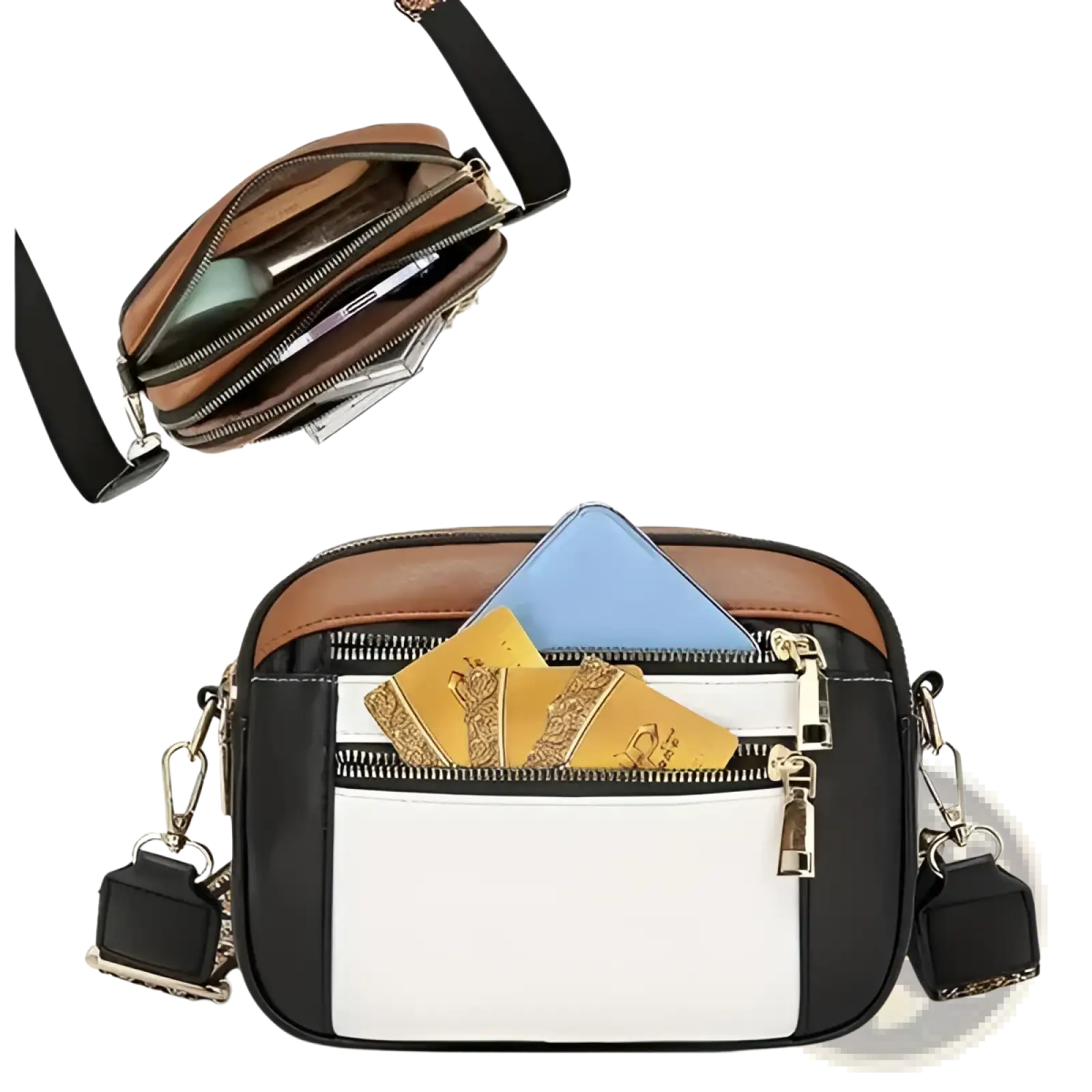 Colorblock leather crossbody bag in black and white with brown leather accents and multiple zippered compartments