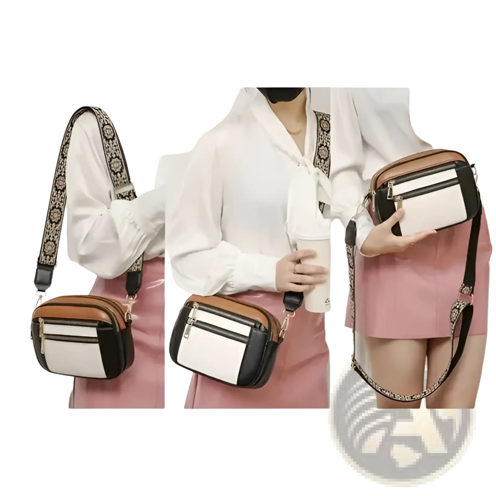 A stylish colorblock leather crossbody bag in white black and tan with a floral patterned strap