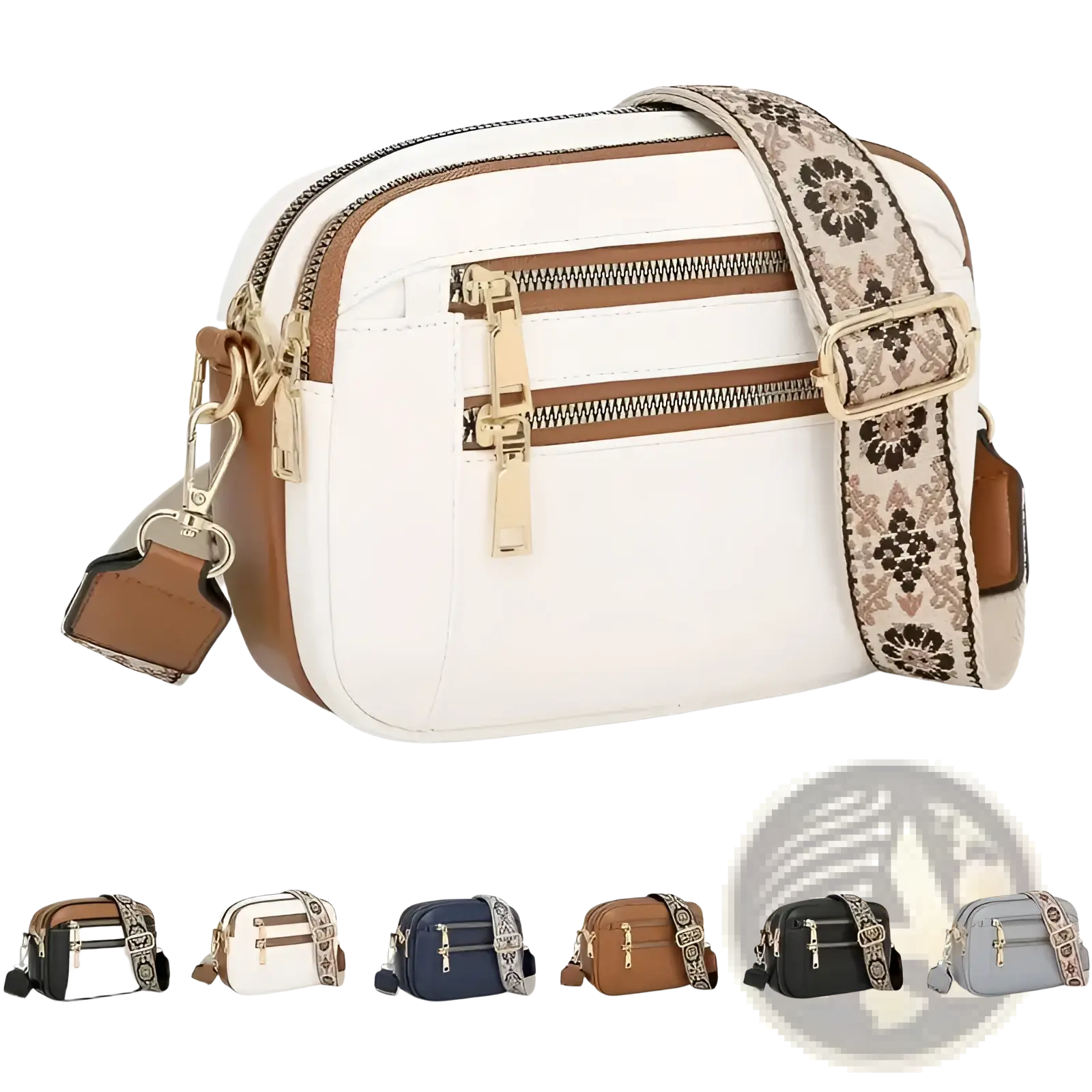 Colorblock leather crossbody camera bag in white and tan with a floral-patterned strap for stylish carrying