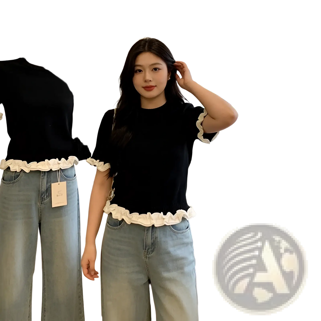 Colorblock ruffled short sleeve knit top in black with white ruffled trim at hem and sleeves in short-sleeved design