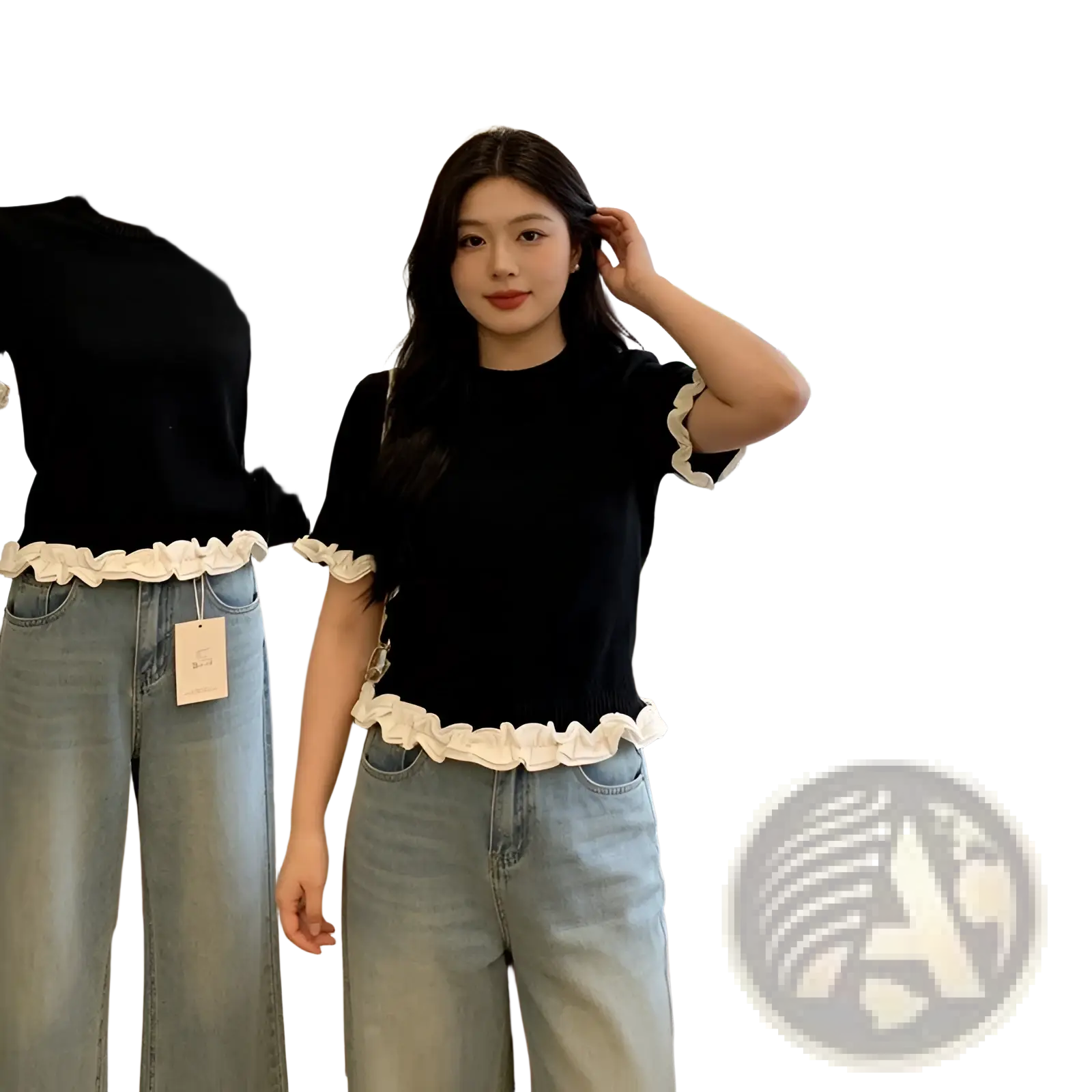 Colorblock ruffled short sleeve knit top in black with white ruffled trim at hem and sleeves in short-sleeved design