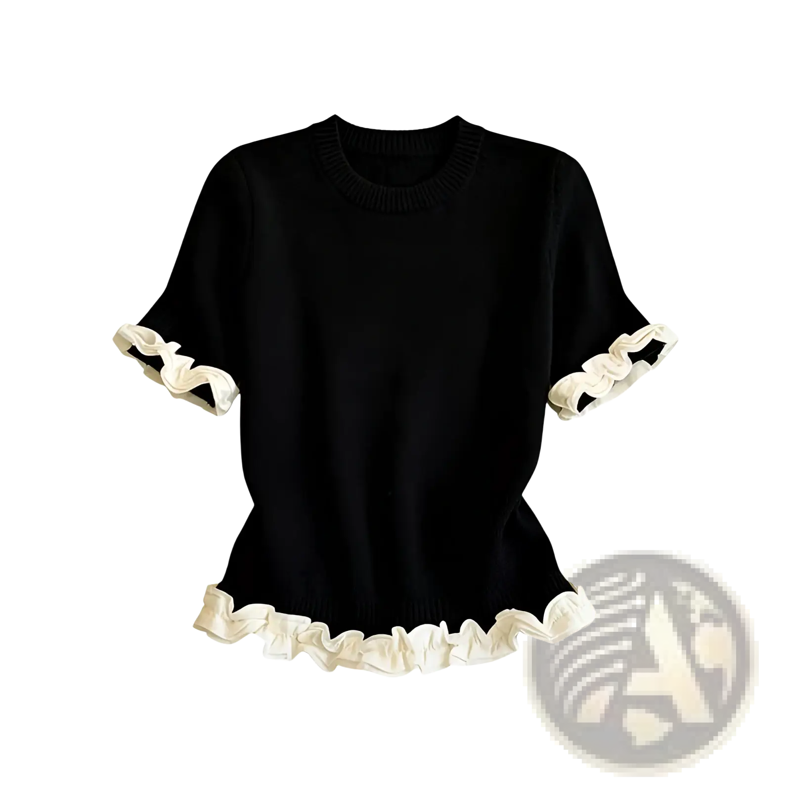 Black knit short sleeve top with colorblock cream lace trim and ruffled hem for stylish casual wear