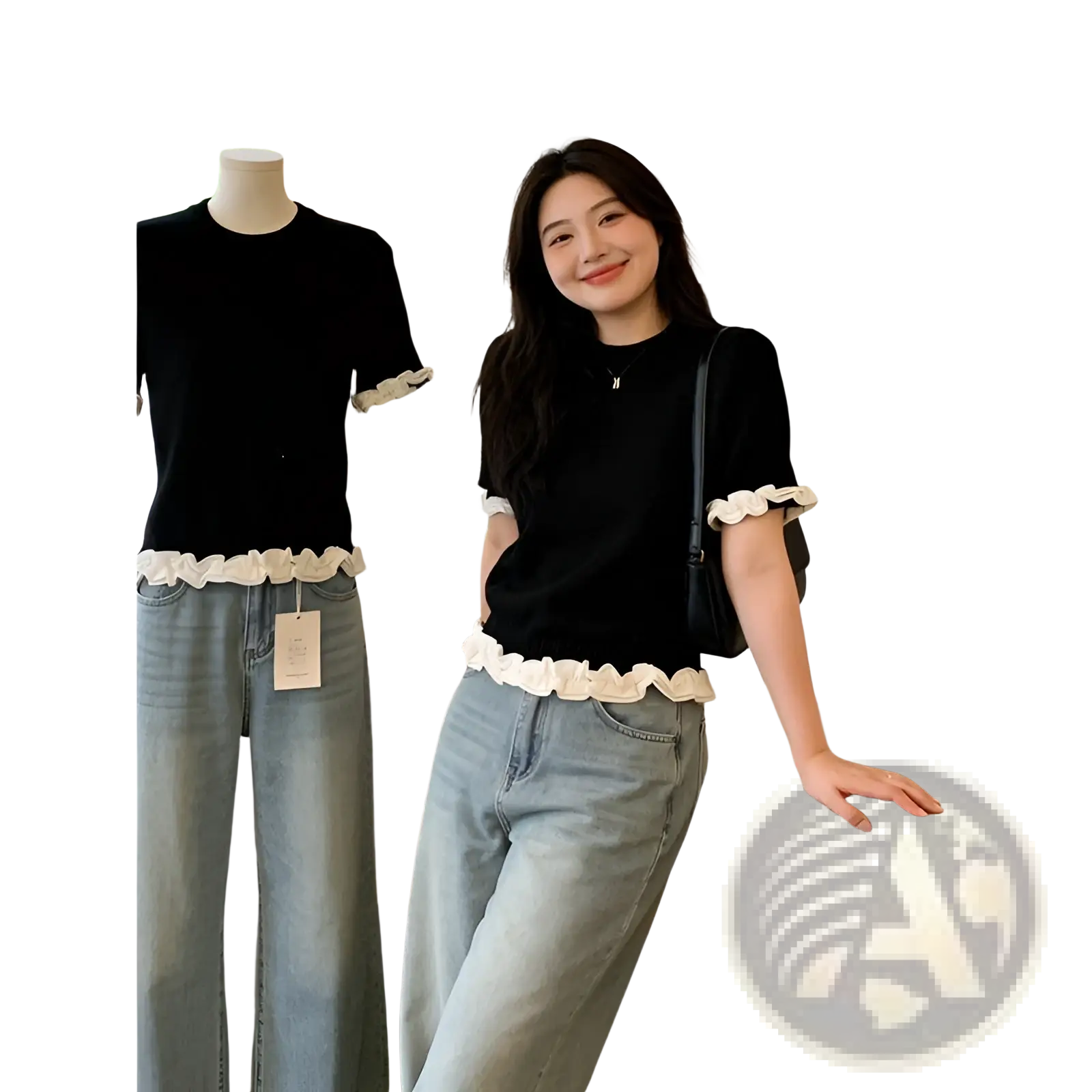 Black short-sleeved knit top with white ruffled trim at cuffs and hem colorblock ruffled short sleeve knit top
