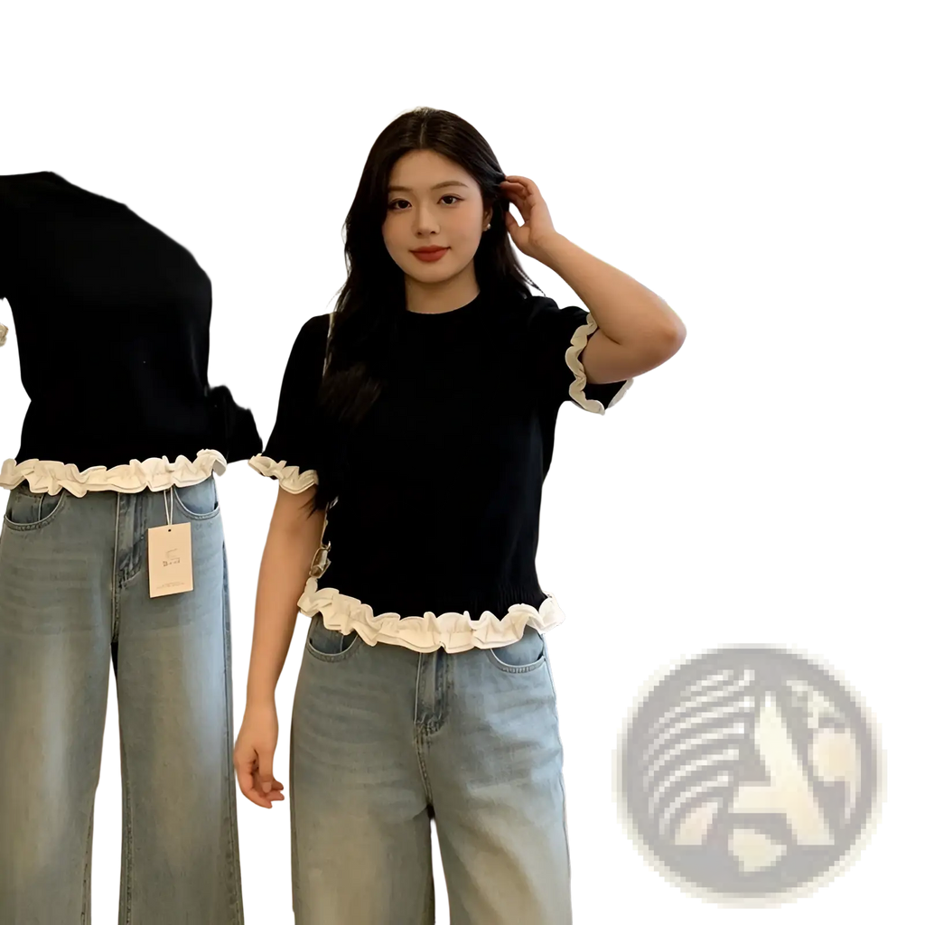 Black short sleeve knit top with white ruffled trim at hem and sleeves colorblock ruffled design