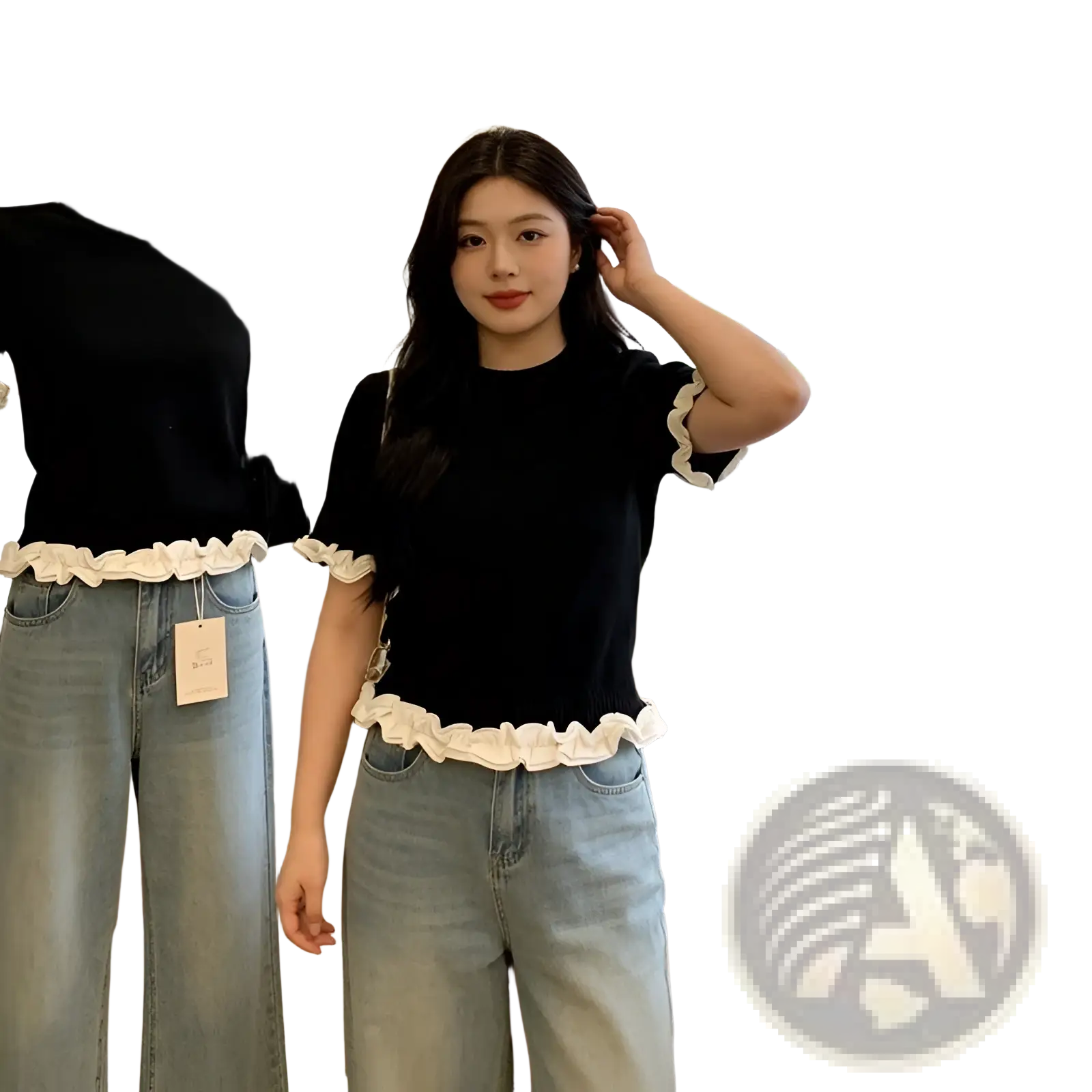 Black short sleeve knit top with white ruffled trim at hem and sleeves colorblock ruffled design