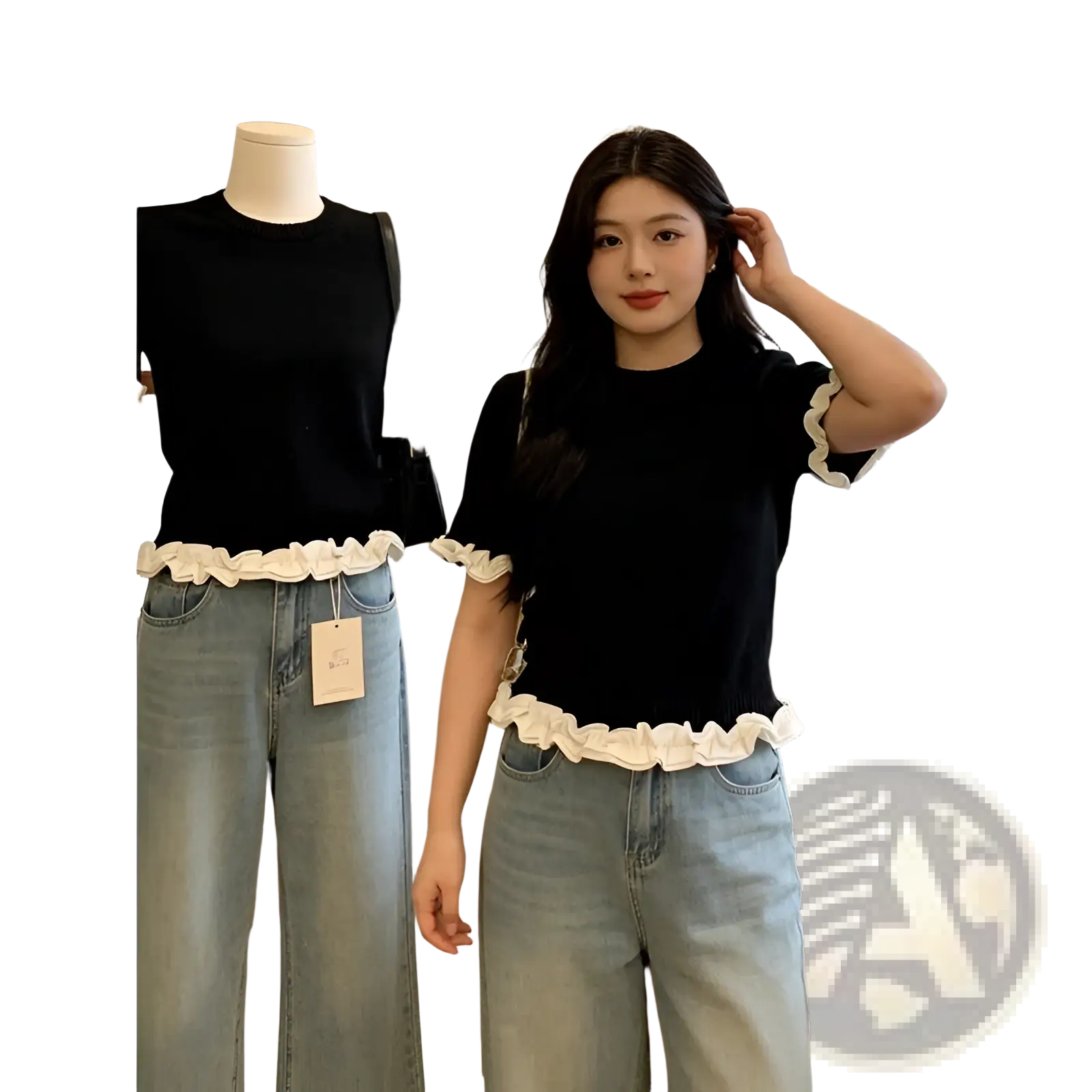 Black short-sleeved knit top with white ruffled trim at hem and cuffs colorblock ruffled short sleeve knit top
