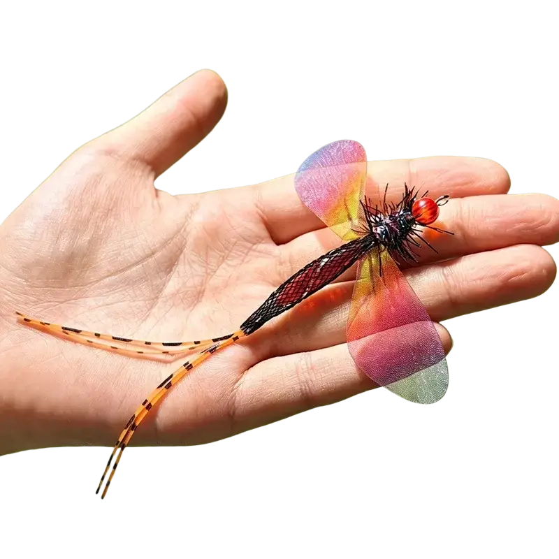 Colored dragonfly cat toy replacement head with iridescent pink and orange translucent wings and black mesh body detailing