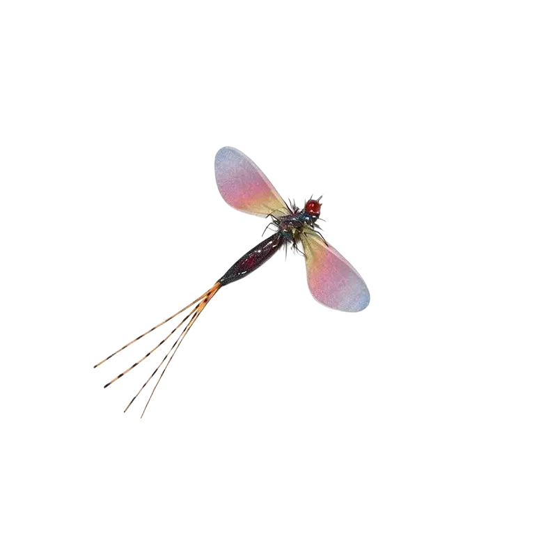 Colored dragonfly cat toy replacement head with a dark body, red head, and translucent pink and blue wings artificial mayfly