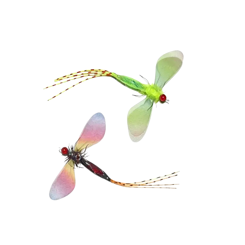 Colored dragonfly cat toy replacement heads featuring lime green with red bead eye and iridescent pink purple wings