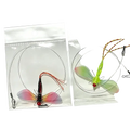Two colorful translucent fly fishing lures with detailed wings and red bead eyes in clear plastic bags for replacement use