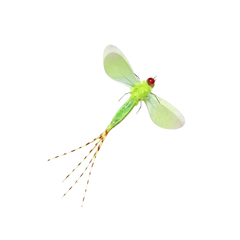 Colored dragonfly cat toy replacement head featuring a vibrant lime-green artificial mayfly with translucent wings and red head