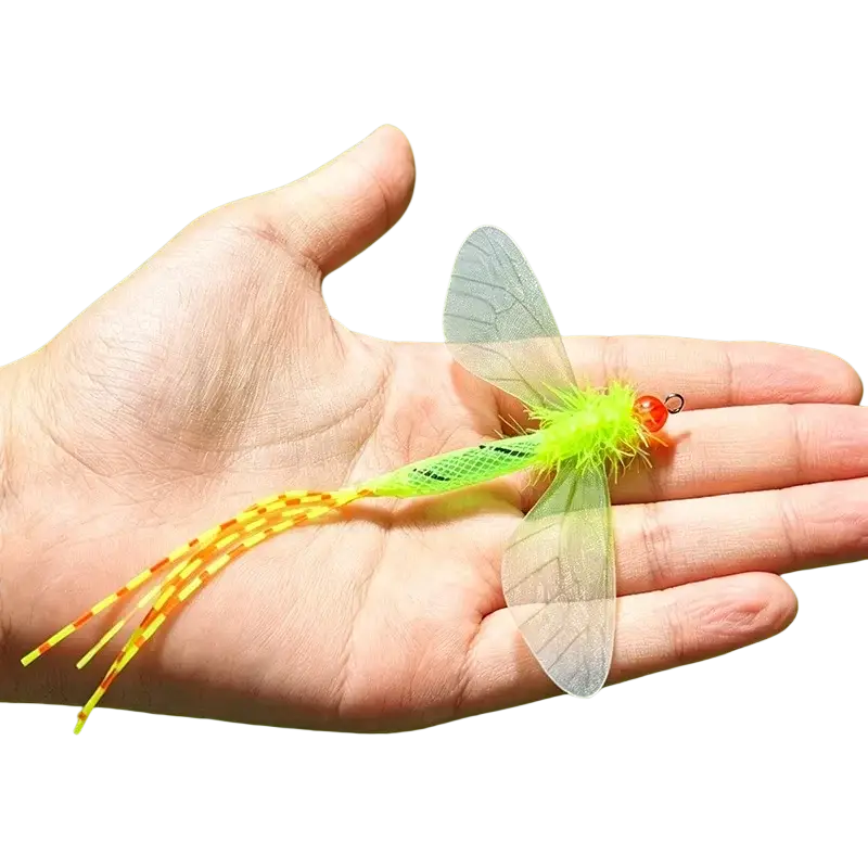 Colored dragonfly cat toy replacement head in vibrant neon green and yellow with translucent wings and red bead head