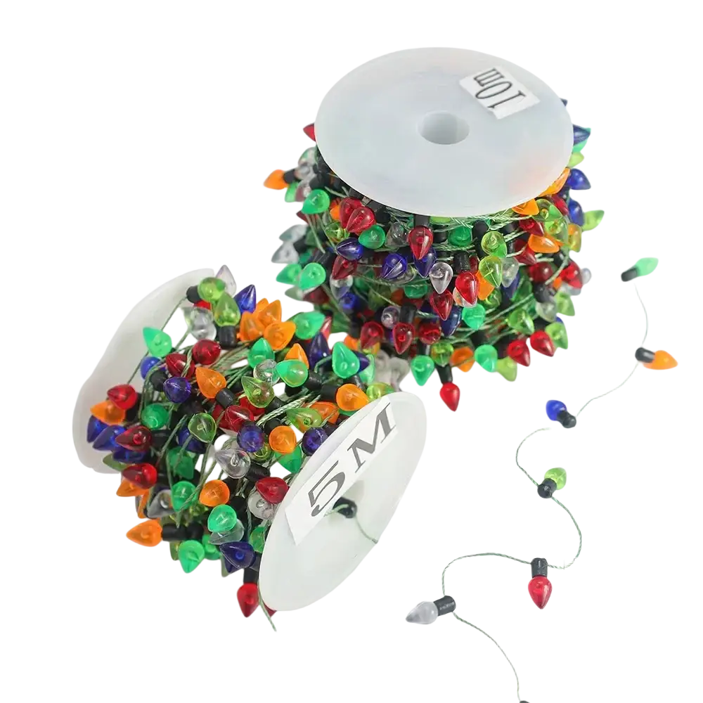 Colorful christmas garland string lights with multicolored teardrop-shaped bulbs in red green blue orange and clear