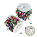 A spool of colorful metallic-plated christmas garland string lights with assorted vibrant hues and 5 to 10 meter length
