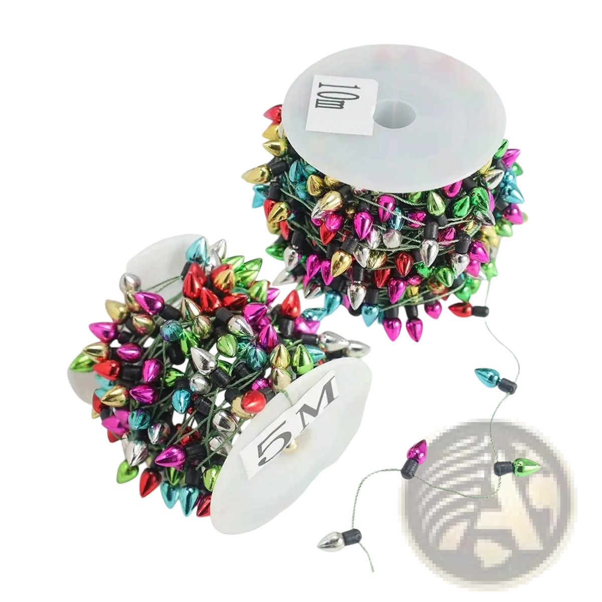 A spool of colorful metallic-plated christmas garland string lights with assorted vibrant hues and 5 to 10 meter length