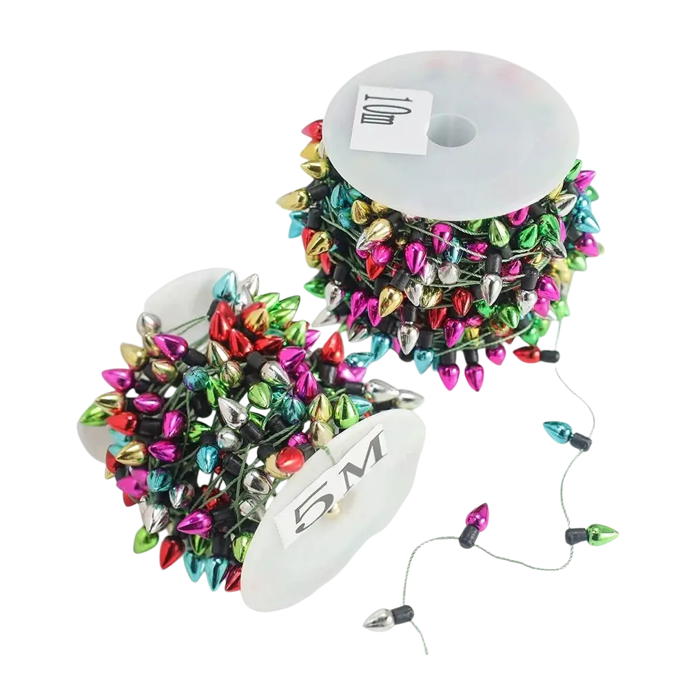 A spool of colorful metallic-plated christmas garland string lights with assorted vibrant hues and 5 to 10 meter length