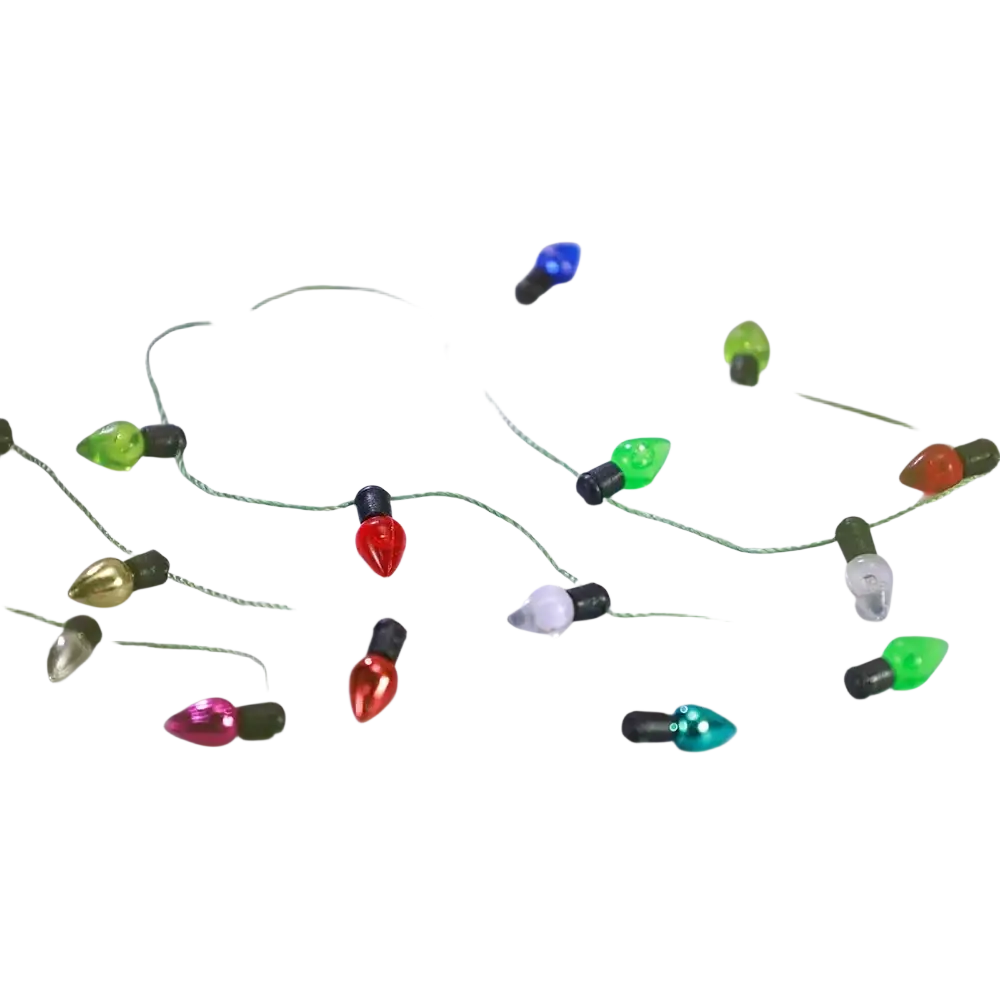 Colorful christmas garland string lights with translucent bulbs, black bases, and green wire for festive decoration