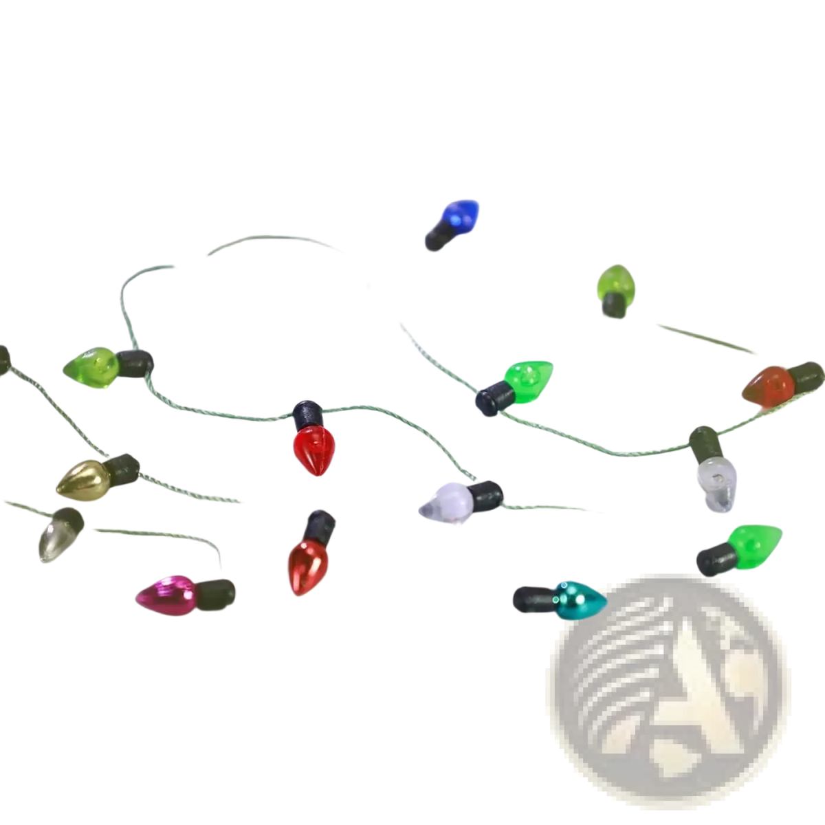 Colorful christmas garland string lights with translucent bulbs, black bases, and green wire for festive decoration