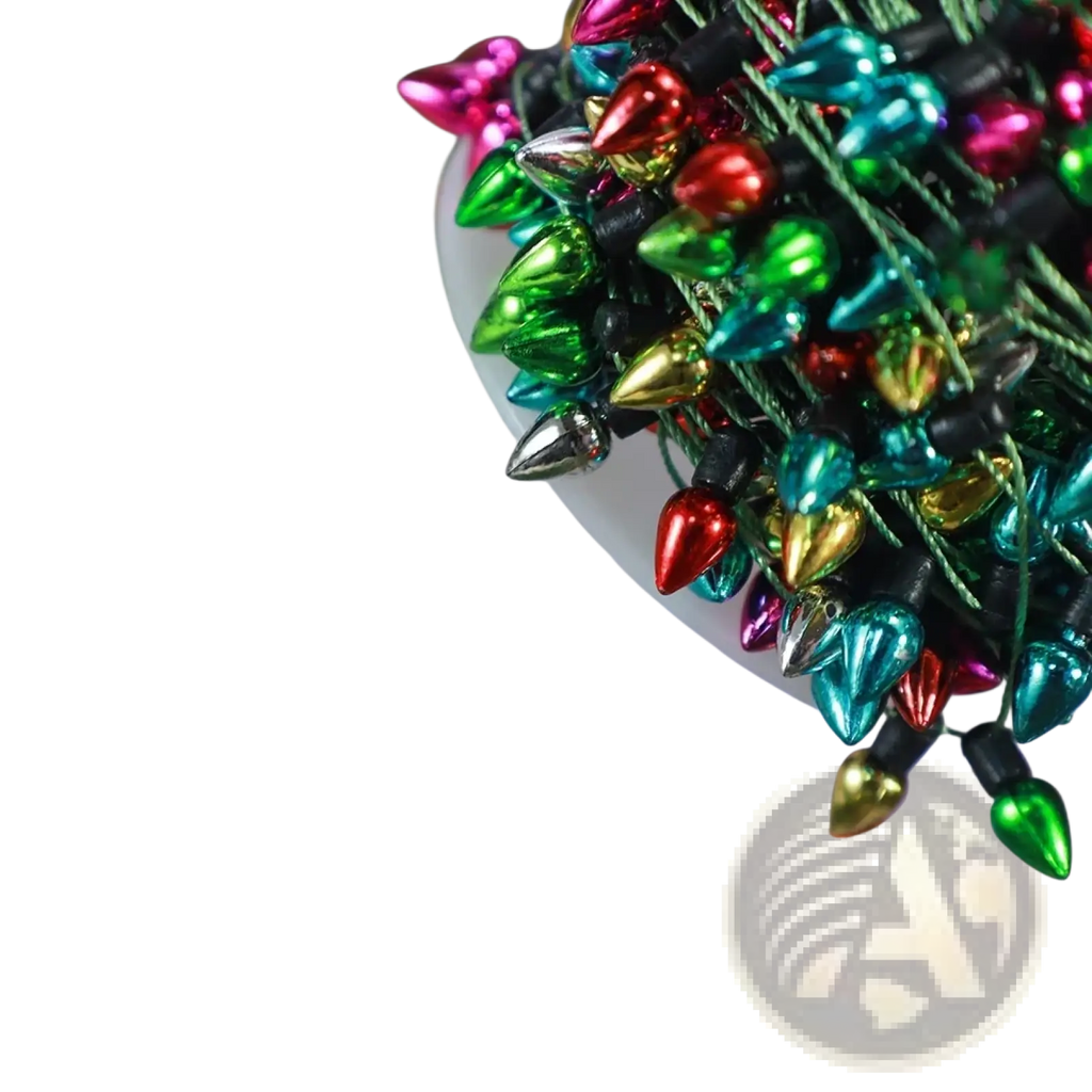 Colorful Christmas garland string lights with vibrant multi-colored shiny metallic bulbs in red green blue gold and pink