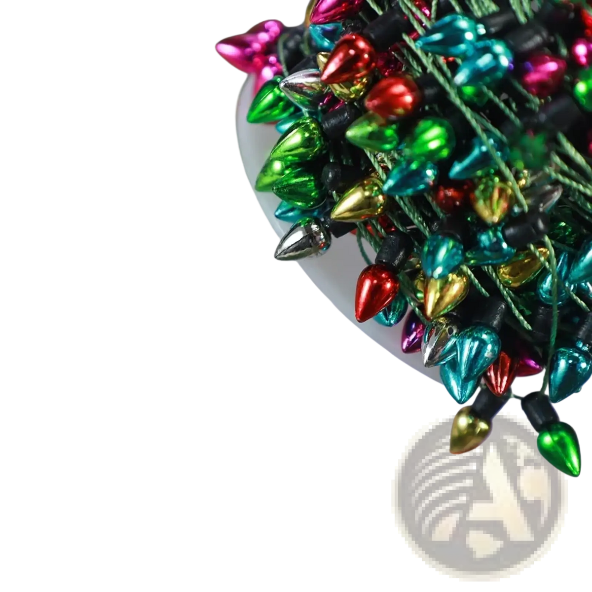Colorful Christmas garland string lights with vibrant multi-colored shiny metallic bulbs in red green blue gold and pink
