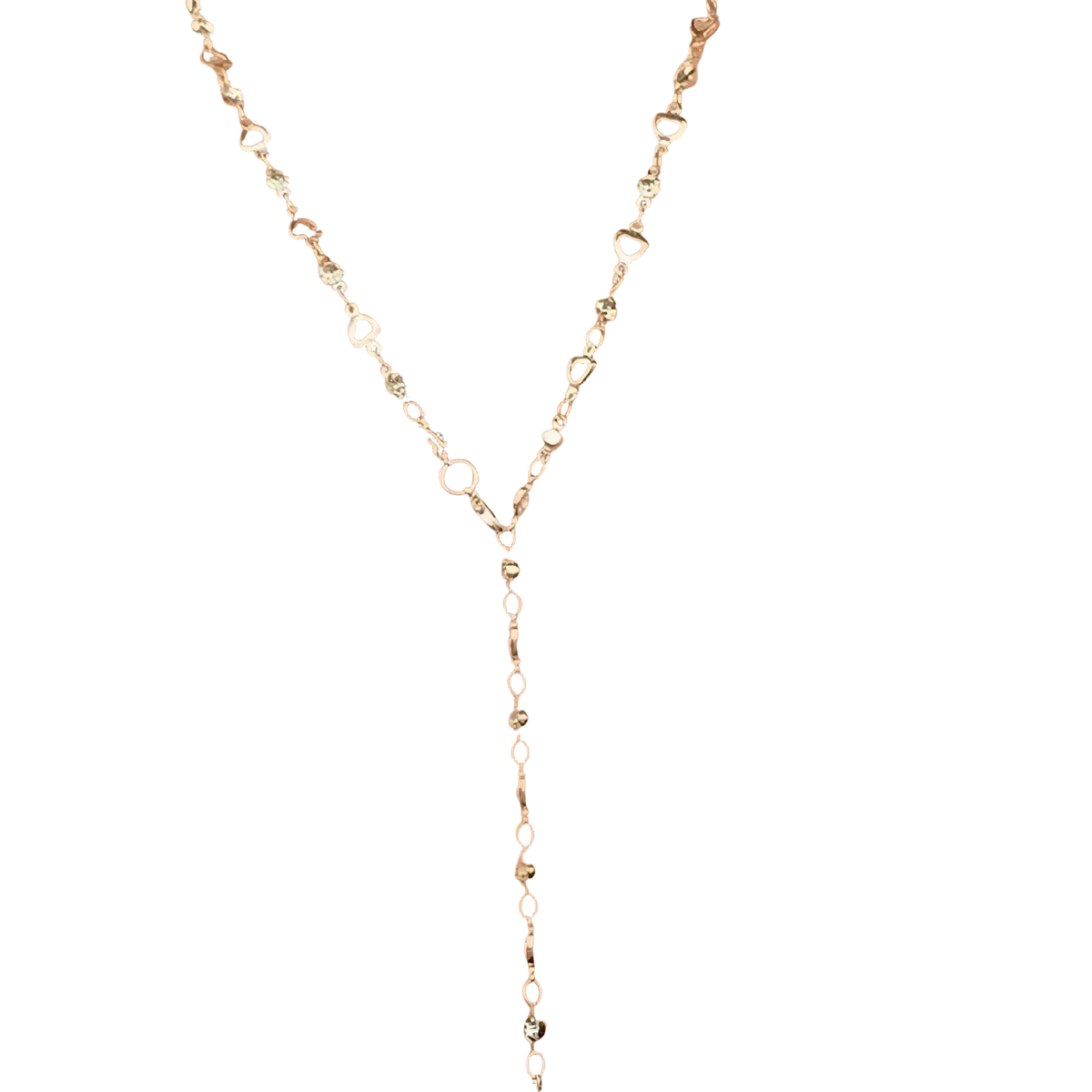 A delicate silver-toned y-necklace with heart and circular charms accented by colorful crystal tassel stones